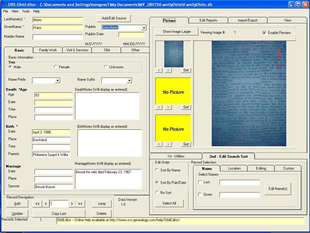 Obituary transcription and management software screen shot ObitEditor (180K)