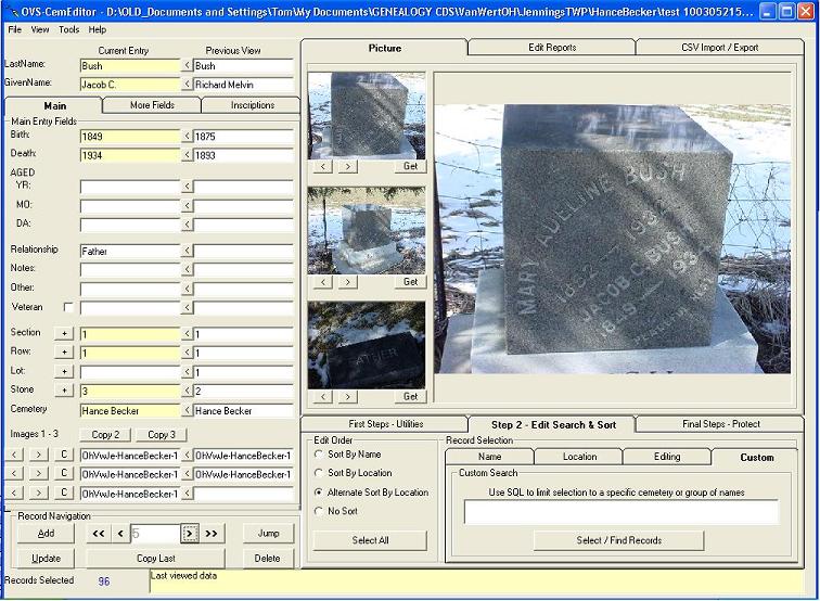 Cemetery transcription and management software screen shot CemEditor2 (102K)